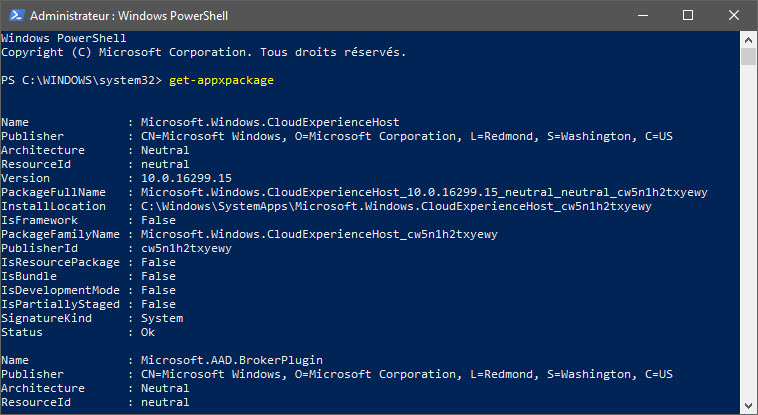 Commande Get-appxpackage Powershell